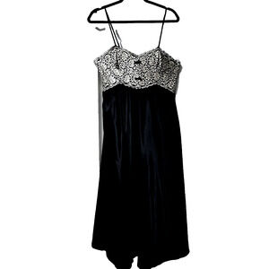 Black Satin Slip Dress Babydoll Gold Embroiderie Nightgown Witchy Size Large